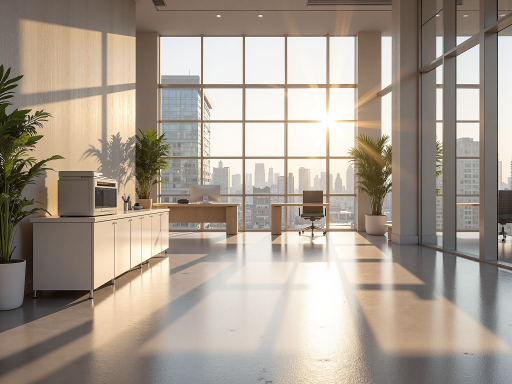 商务咨询服务场景，现代办公环境，阳光透过落地窗洒入室内，桌面上摆放着笔记本电脑和文件